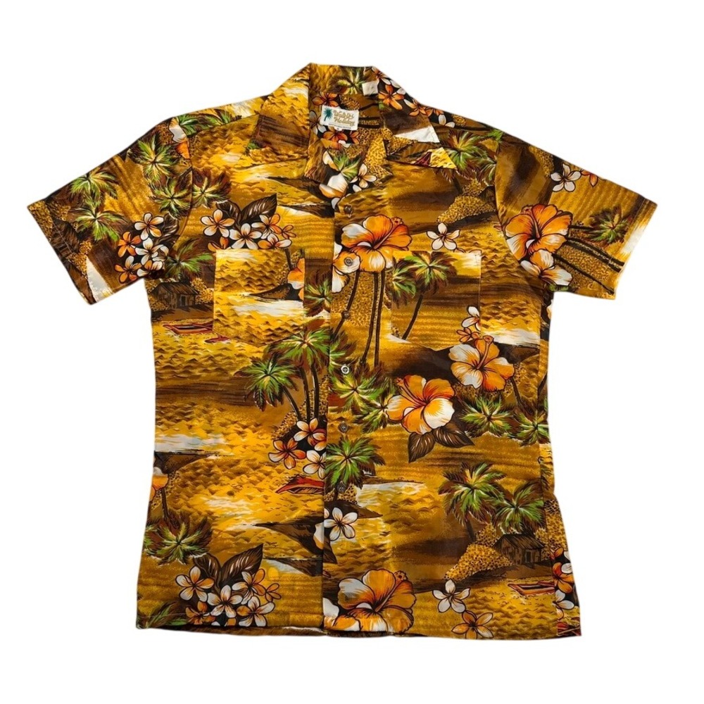 Vintage Waikiki Holiday Hawaiian Shirt Mens S Tropical Floral Hibiscus 60s 70s